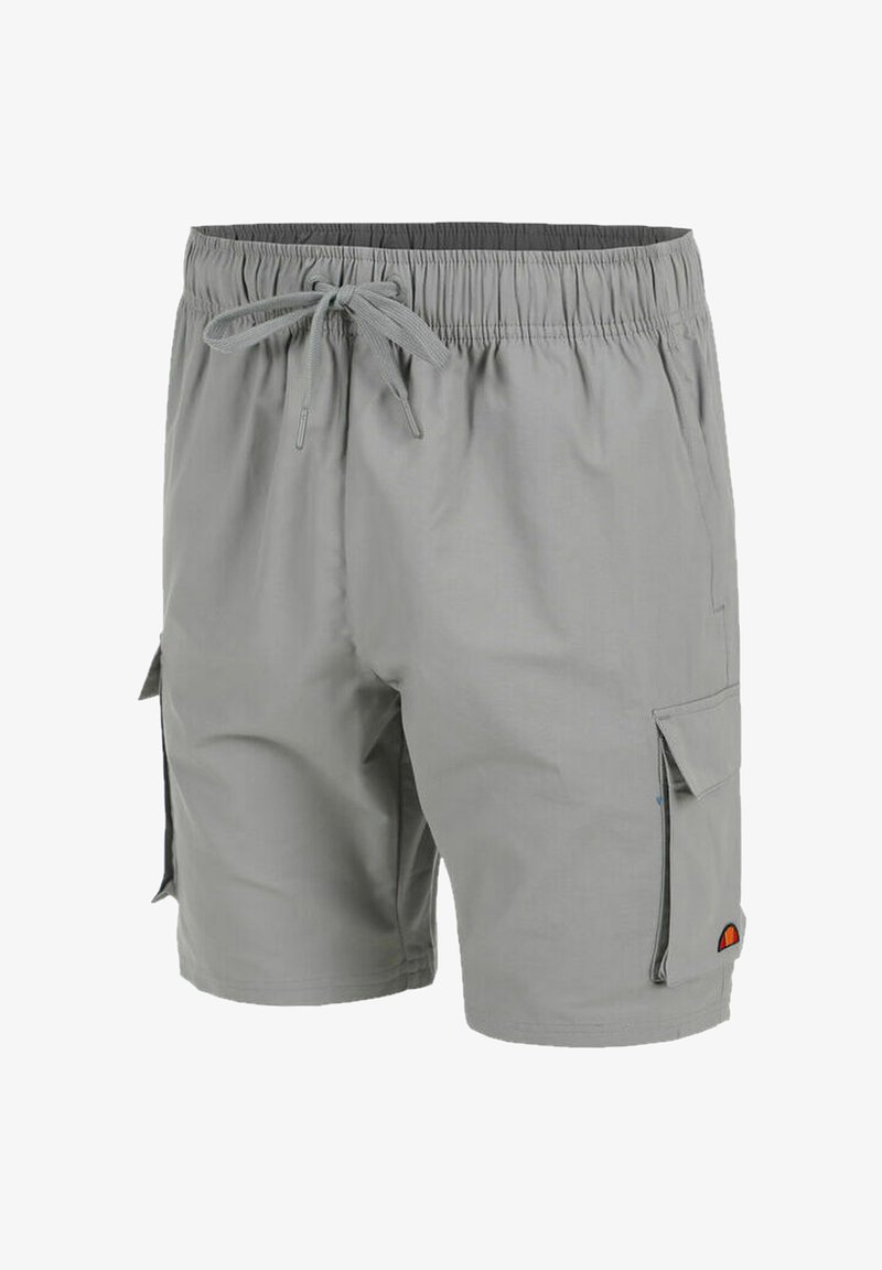 Light gray casual shorts with elastic waistband, drawstring, side cargo pockets, and small color logo on the bottom hem pocket.