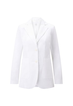 Bílý bavlněný blazer s klopou, dvěma předními kapsami, třemi knoflíky a hladkým povrchem. Navržen pro přiléhavý střih.