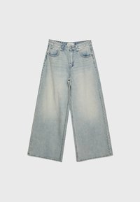 Lichtblauwe wijde jeans van denim, met een vervaagde was, vijf zakken, riemlussen en een ritsluiting.