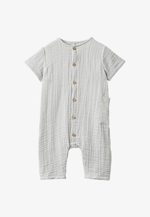 Tutina per bambino a maniche corte di colore grigio chiaro con bottoni in legno sul davanti e una tasca laterale su tessuto di cotone lavorato.