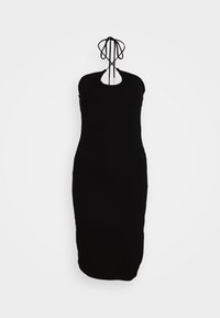 Vestido preto sem mangas com um silhueta ajustada, apresentando um decote redondo e detalhes de laço ajustáveis nas costas. Textura suave.