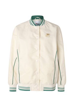 Giacca color crema con dettagli verdi e polsini a righe. Caratterizzata da una chiusura a bottoni a pressione e un piccolo logo sul lato sinistro del petto. Tessuto liscio.