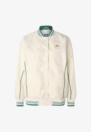 Kreemi värvi jakk roheliste aktsentidega ja triibuliste mansettidega. Omab nupuvajutusega kinnitust ja väikest logo vasakul rinnal. Sile tekstuur.