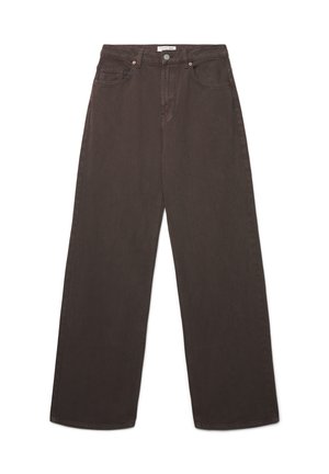 Jeans marroni a gamba larga in denim, con design classico a cinque tasche, chiusura con bottoni e cuciture pulite lungo i bordi.