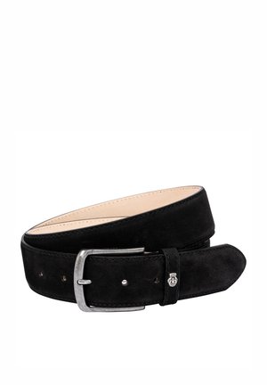 Black suede belt with a silver metal buckle, featuring a smooth finish, stitching details, and multiple holes for adjustment.