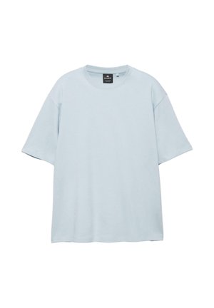 Lichtblauw oversized T-shirt met korte mouwen, ronde hals en een zwart Pull&Bear merklabel aan de binnenkant van de kraag.