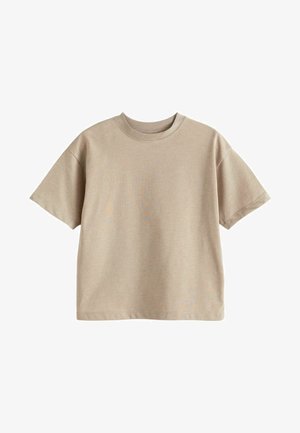 T-shirt in cotone beige con maniche corte, collo rotondo e vestibilità rilassata. Texture liscia senza modelli o accenti visibili.