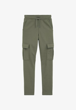 Olivgrüne Cargo-Jogginghosen mit Kordelzugbund, Seitentaschen und jeweils zwei Klappentaschen auf jedem Oberschenkel.