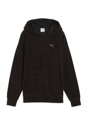 Schwarzes geripptes Cord-Hoodie mit Kängurutasche, Kapuze mit Kordelzug und kleinem grauen Logo auf der Brust. Weiche Textur und lockere Passform.