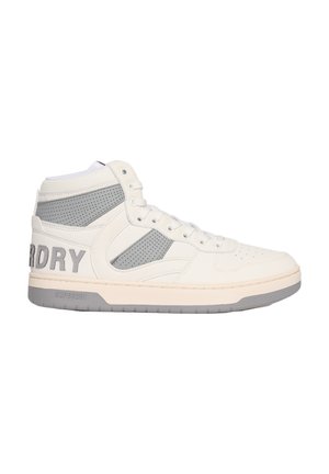 High-Top-Sneaker aus weißem Leder mit grauen Akzenten, durchlöcherten Abschnitten und einer strukturierten Gummisohle. Mit "SUPERDRY" Branding.