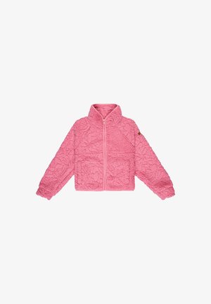 Pink fleece jacket with a textured floral pattern, high collar, full zip front, and elastic cuffs. Features a small logo on the sleeve.