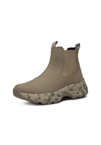 Stivaletti alla caviglia impermeabili beige con pannelli laterali elasticizzati e suola testurizzata con motivo camouflage. Materiale liscio con un design a punta arrotondata.