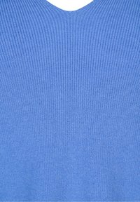 Strickoberteil in Blau mit V-Ausschnitt und strukturiertem Rippenmuster. Glatter Stoff mit einem durchgängigen Muster.