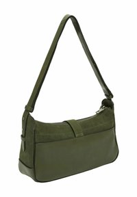 Grüne Leder- und Wildleder-Umhängetasche mit verstellbarem Riemen und Reißverschluss, die ein minimalistisches Design aufweist.
