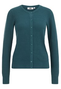 Teal stickad kofta med en texturerad diamantmönster, ribbade manschetter och fåll, samt en hel knapplist med matchande knappar.