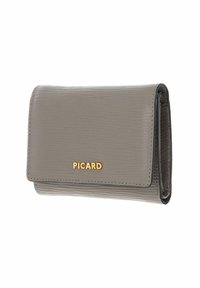 Grey leather wallet with textured surface, fold-over design, and gold "PICARD" logo. Features rounded edges and stitching detail.