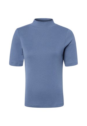 Short-sleeve, light blue t-shirt with a mock neck collar, displayed on a white background.