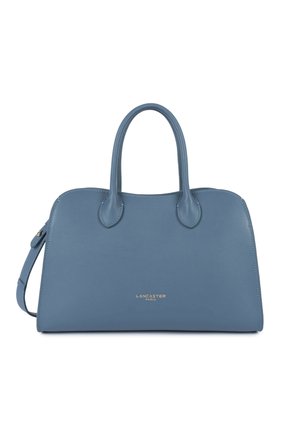 Blauwe leren handtas met dubbele handvatten, een zijriem en het logo "Lancaster Paris" in goud gegraveerd aan de voorzijde in het midden.