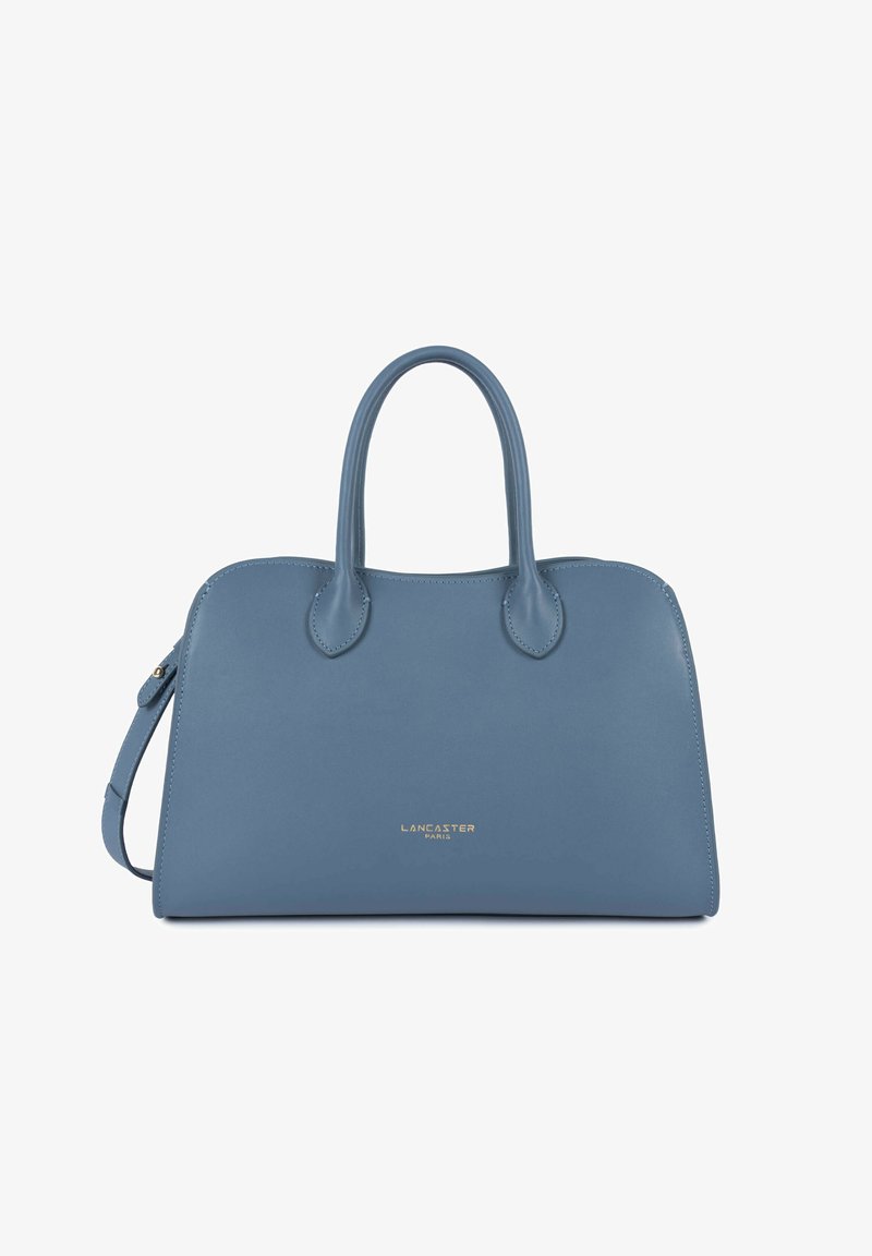 Sac à main en cuir bleu avec double poignées, une bandoulière latérale et le logo "Lancaster Paris" embossé en or au centre avant.