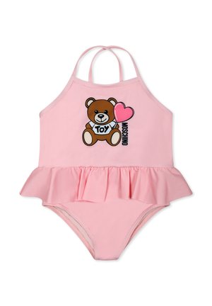 Costume da bagno rosa con fondo arricciato, caratterizzato da una grafica con un orsetto, il testo "TOY" e un cuore, progettato con spalline regolabili.