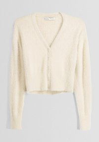 Cream-colored, cropped cardigan made of soft, textured fabric with a V-neck, button closure, and ribbed cuffs.