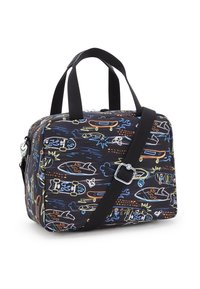 Borsa in tessuto nera con design colorati di skateboard e onde, dotata di manici superiori doppi e una tracolla regolabile con un accento argentato.