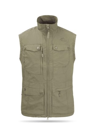 Veste d'extérieur kaki sans manches avec col montant, fermeture éclair à l'avant, quatre poches à rabat boutonnées, une poche zippée et un logo montagne discret sur la poitrine.