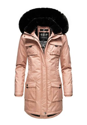 Pink insulated parka jacket with a large black fur-lined hood, four front pockets, front zipper, and quilted texture.