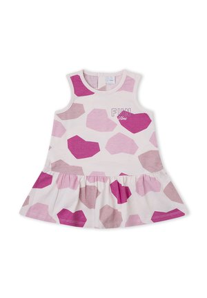 Vestido de bebé sin mangas con formas irregulares rosas y malva, dobladillo fruncido y texto "FUN Vibes" en la parte frontal superior derecha.