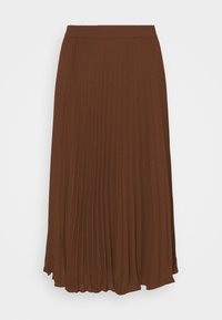 Falda midi plisada marrón hecha de un tejido suave; cuenta con una cinturilla suave y una textura fluida, lo que realza su longitud y forma.