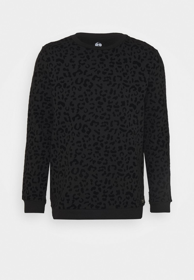Pull noir à manches longues avec col rond, motif léopard sombre subtil et poignets et ourlet côtelés.