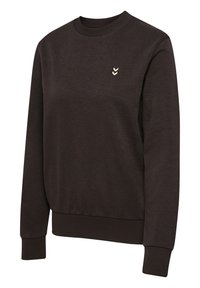 Ciemnobrązowy sweter z d�ługimi rękawami, okrągłym dekoltem i ściągaczami na nadgarstkach. Posiada małe beżowe logo na piersi. Miękka tekstura materiału.