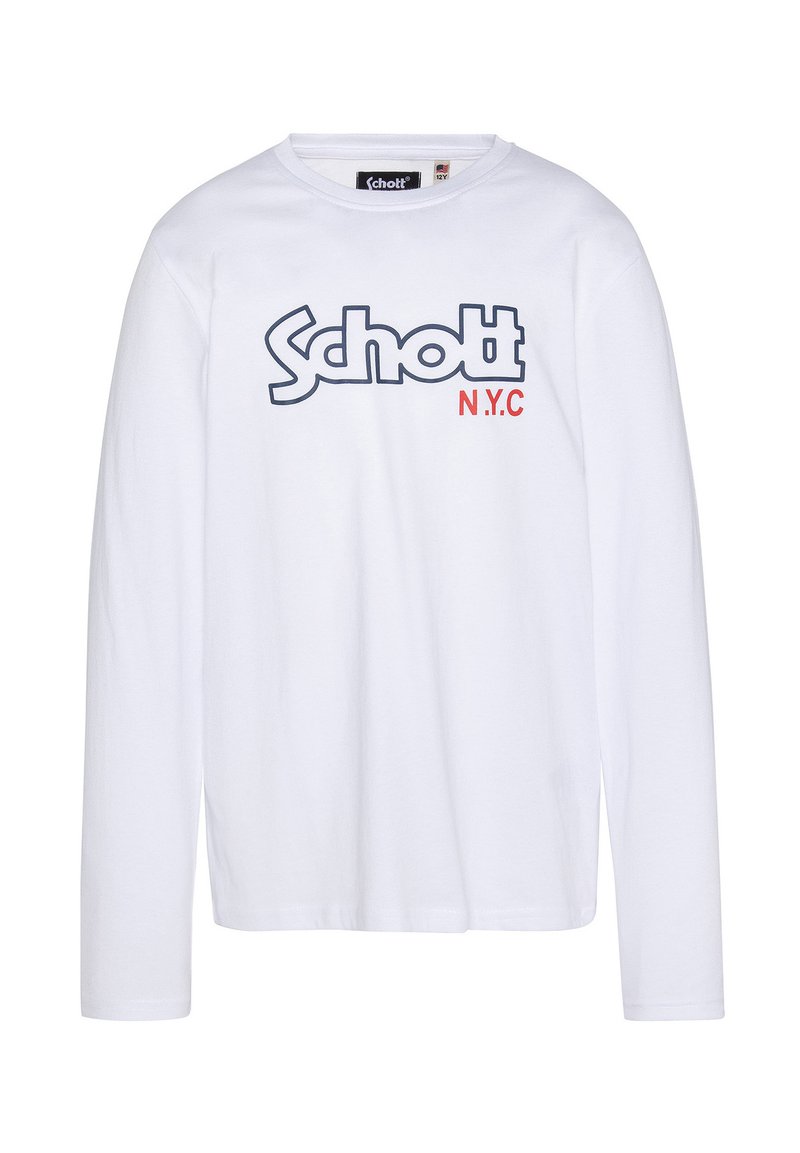 Camiseta blanca de manga larga de algodón, con un gran logo azul de "Schott" y el texto rojo "N.Y.C." en el frontal. Corte regular con cuello redondo.