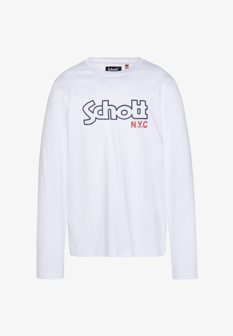 Camiseta blanca de manga larga de algodón, con un gran logo azul de "Schott" y el texto rojo "N.Y.C." en el frontal. Corte regular con cuello redondo.