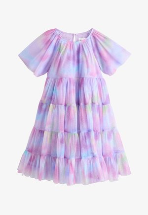 Pastellfarbenes Kinderkleid mit kurzen Puffärmeln, mehrstufigem Volantrock und glitzerndem sternähnlichem Muster überall.