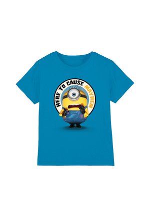 Blue t-shirt with a one-eyed Minion character holding up paint-covered hands and text above reading "Here to Cause Mayhem" in a circle.