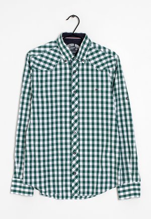 Camicia a quadri verde e bianca, maniche lunghe, design con bottoni, colletto a contrasto con bottoni neri e piccolo dettaglio logo sul petto.