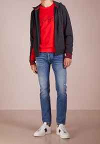 Felpa con zip grigio scuro con dettagli rossi, felpa con logo rosso, jeans azzurri chiari e sneakers bianche con strisce verdi e rosse.