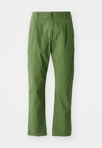 Green cotton trousers with a straight-leg design, featuring a front button closure and two side pockets. Smooth texture, no visible patterns.