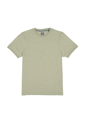Hellgrünes Baumwoll-T-Shirt mit rundem Ausschnitt, kurzen Ärmeln und einem schlichten Design. Verfügt über ein Etikett im Nackenbereich.