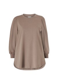 Brown long-sleeve top made of soft fabric. Features a rounded neckline, gathered shoulders, and a rounded hem with side slits for ease.