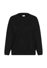 Fekete kötött pulóver kerek nyakkivágással, ejtett vállakkal és hosszú ujjakkal. Puha tapintású, laza szabású, látható minták vagy díszítések nélkül.