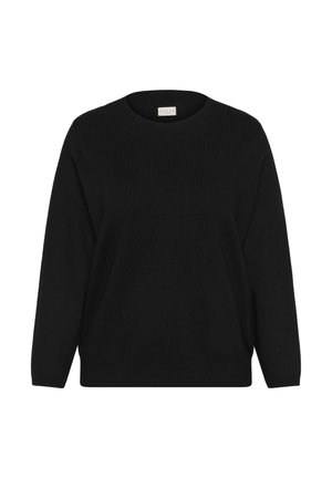 Zwarte gebreide trui met een ronde halslijn, verlaagde schouders en lange mouwen. Zachte textuur met een ontspannen pasvorm en geen zichtbare patronen of accenten.