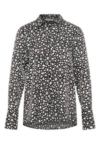Zwart overhemd met knopen en lange mouwen, bedrukt met een dicht patroon van witte sterren en abstracte vormen.