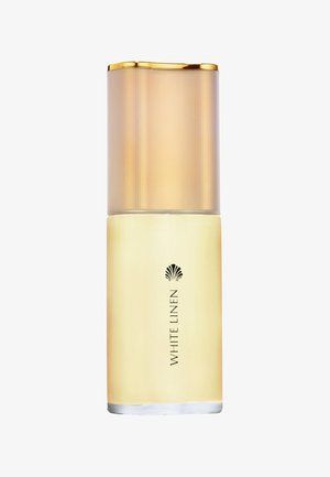 Klar glassflaske med gullbelagt lokk. Etiketten sier "WHITE LINEN" med svart tekst. Glatt tekstur, avrundet bunn, moderne design.