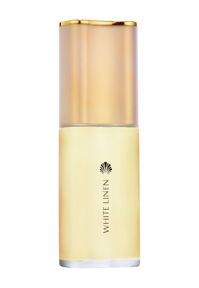 Klar glassflaske med gullbelagt lokk. Etiketten sier "WHITE LINEN" med svart tekst. Glatt tekstur, avrundet bunn, moderne design.