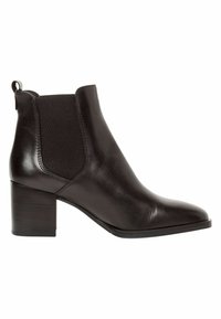 Bottine noire en cuir avec talon bloc, panneaux latéraux élastiques et languette à l'arrière, vue de l'extérieur.