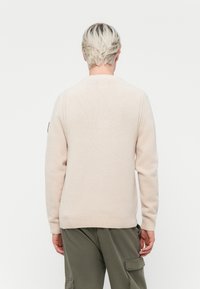 Light beige knit sweater with a round neckline, ribbed cuffs and hem, and a subtle texture. Worn over olive green pants.