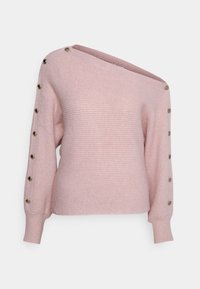 Maglione rosa chiaro lavorato a maglia con design off-shoulder, texture a coste e bottoni lungo una manica per un tocco in più.