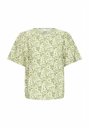 Top a maniche corte in tessuto verde chiaro con motivo floreale. Vestibilità rilassata con scollatura rotonda e texture morbida.